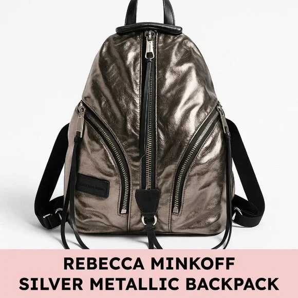 Rebecca Minkoff Julian Backpack Metallic Foil Leather Gunmetal Silver - Picture 1 of 14